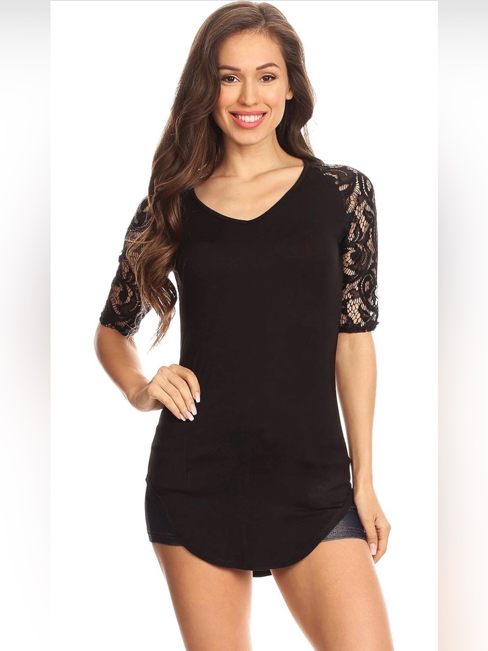 Zenana Signature Black Lace Sleeve Tunic Top